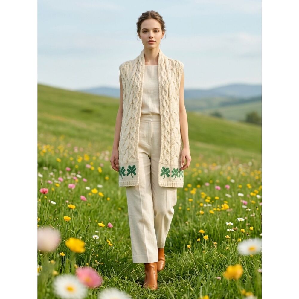 Cream Cable-Knit Sleeveless Scarf with Green Clover Detail